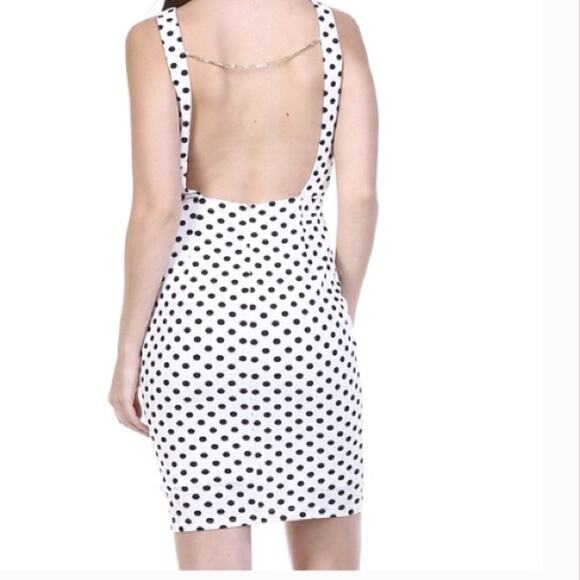 TEA & CUP White Black Polka Dot Textured Bodycon Dress with Gold Chain M/L - Picture 2 of 12
